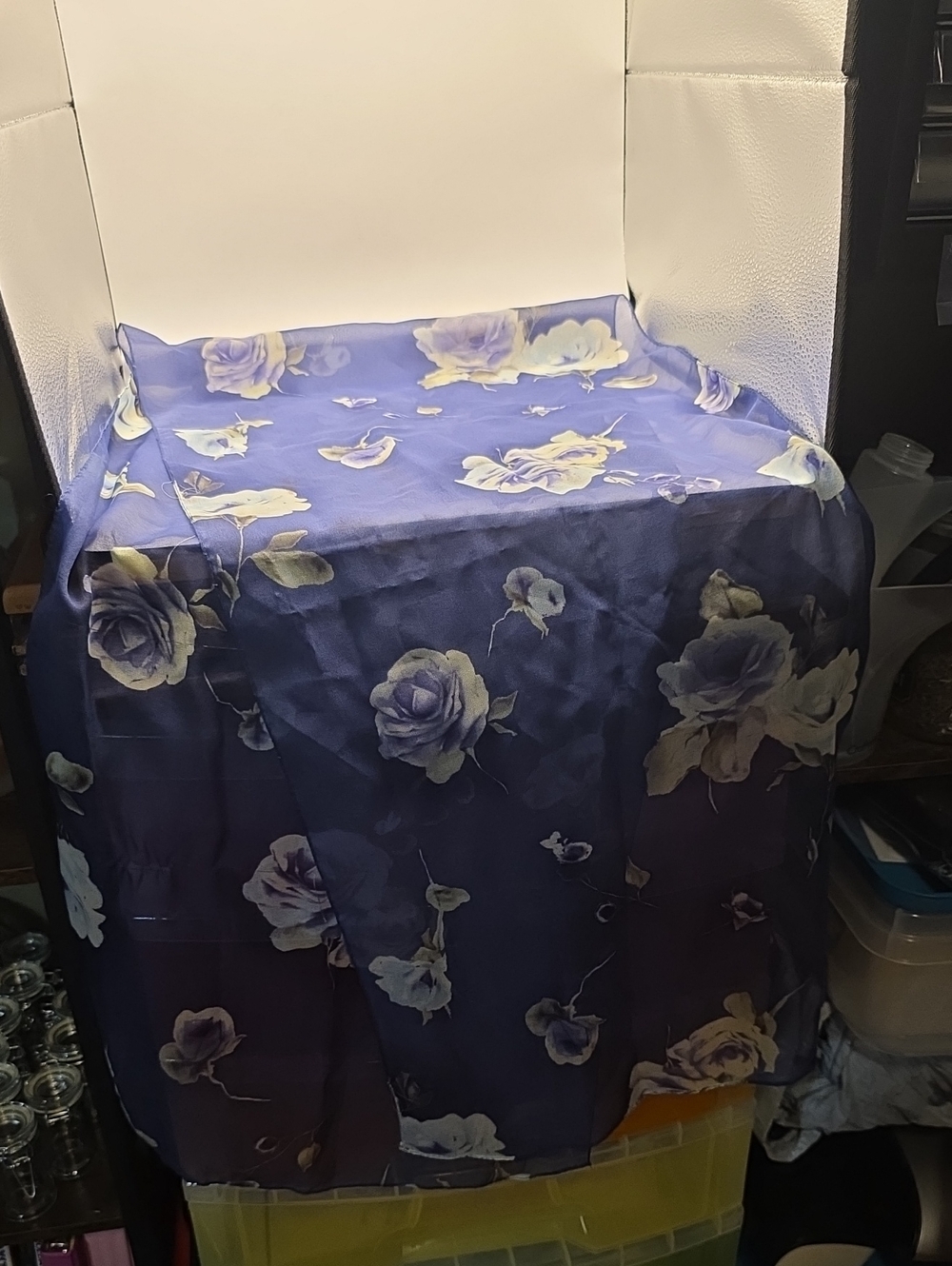 Blue scarf with flowers and a slight shimmer